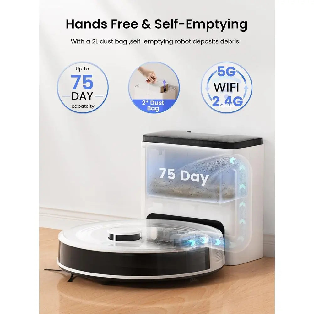 Smart Robot Vacuum and Mop: 75-Day Auto-Empty, 6000Pa Suction, Custom Cleaning, Mapping, 140 Min Run, Carpet Brush, 2.4G/5G Wi-F