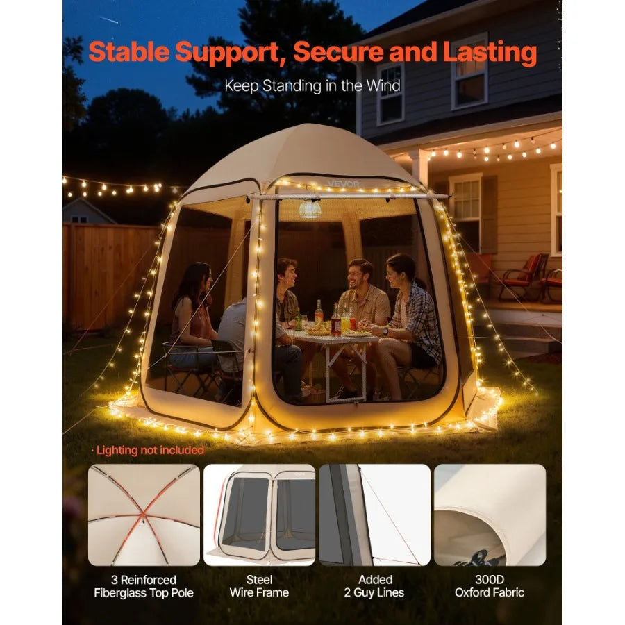 Screen House Tent 10 x 9.2 ft Beige 4-8 Person Pop Up Screened Canopy with Extended Awning Netting Sides Portable for Patio Bac