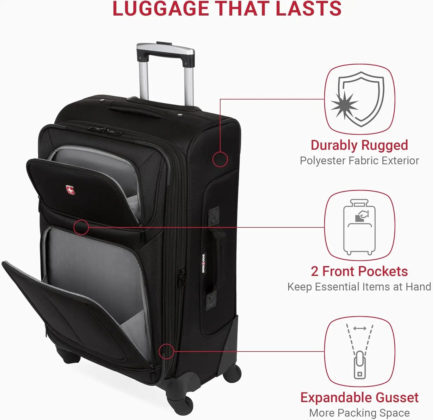 Expandable Spinner Luggage, Durable Lightweight Travel Suitcase in Black, Checked-Medium 25-Inch for Easy Trips