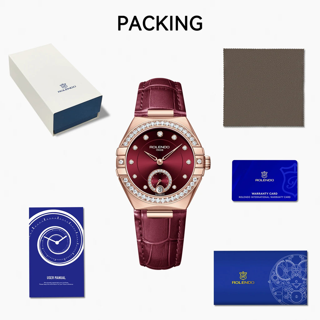 ROLENDO Constellation Automatic Watches for Women 33mm Burgundy Leather Strap Calendar Display Seagull Movement 3ATM Watch Gift