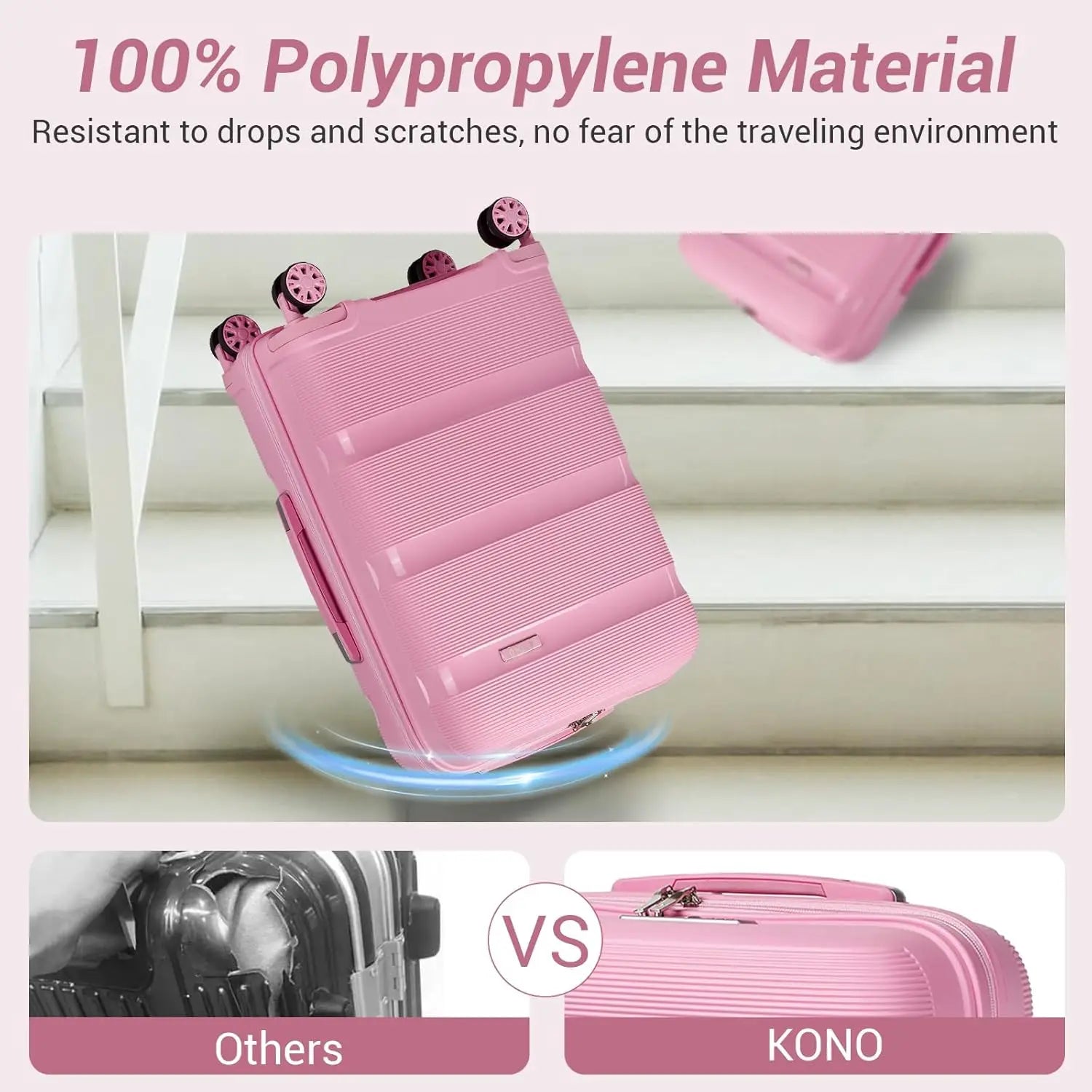 24 Inch Medium Hard Shell Checked Luggage with 4 Spinner Wheels, TSA Lock, Lightweight Polypropylene Suitcase in Pink