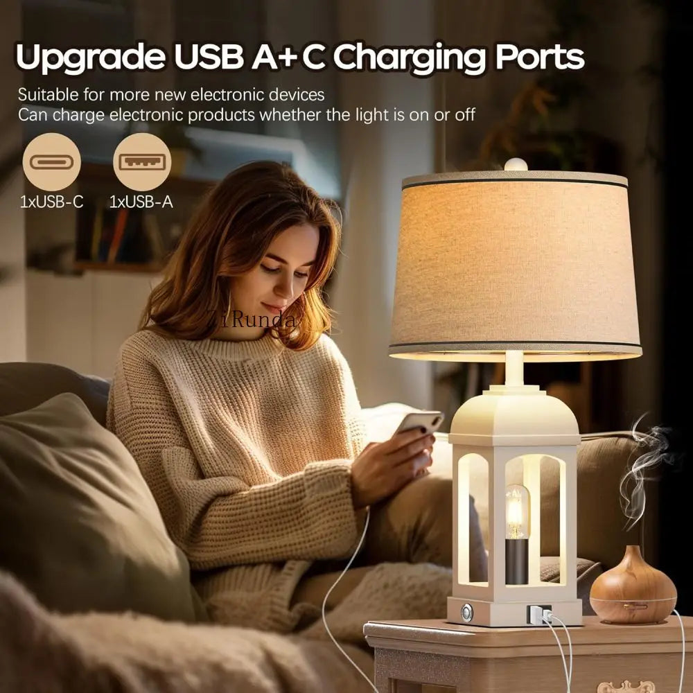 Table Lamp for Living Room, Farmhouse Lamps Set of 2 with USB A+C and Nightlight, 26" Rustic Bedside Lamps with 3-Way Dimmable