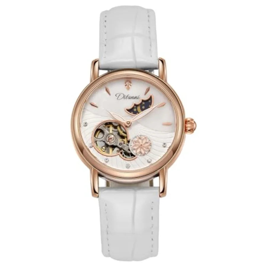 Womens Automatic Mechanical Stainless Steel Moonphase Watches Leather Strap Self-Winding Pearl Skeleton dial Waterproof Ladies