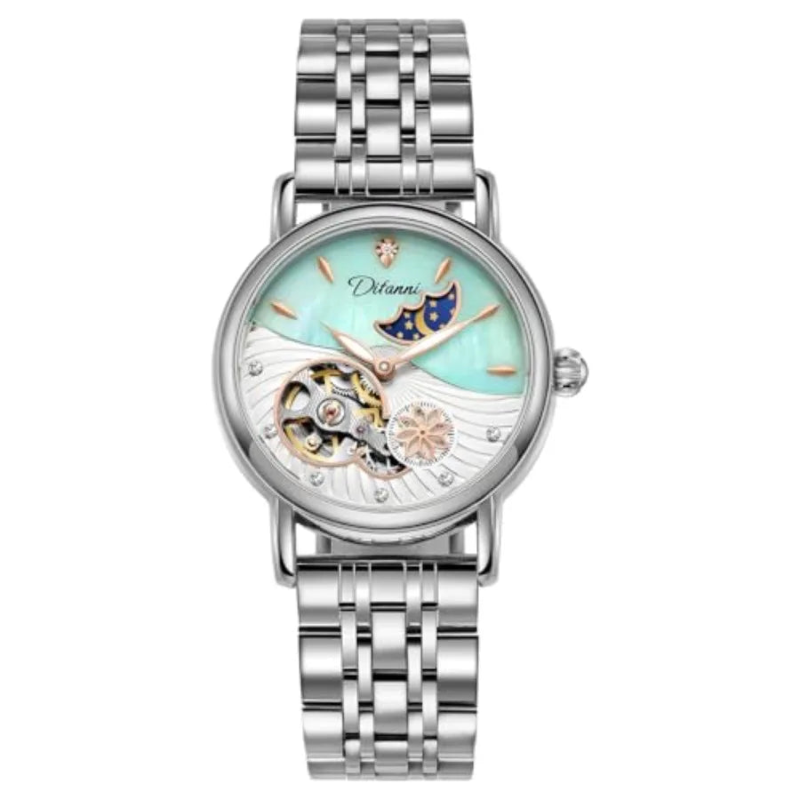 Womens Automatic Mechanical Stainless Steel Moonphase Watches Leather Strap Self-Winding Pearl Skeleton dial Waterproof Ladies