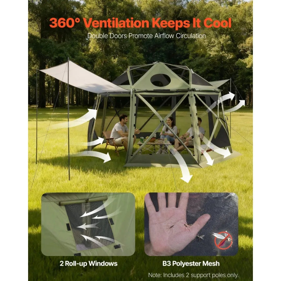 Pop up Gazebo Screen Tent 13 x 13 ft 13-Sided Spherical Camping Canopy with Removable Top Carry Bag Quick-Set Bite-Proof Green