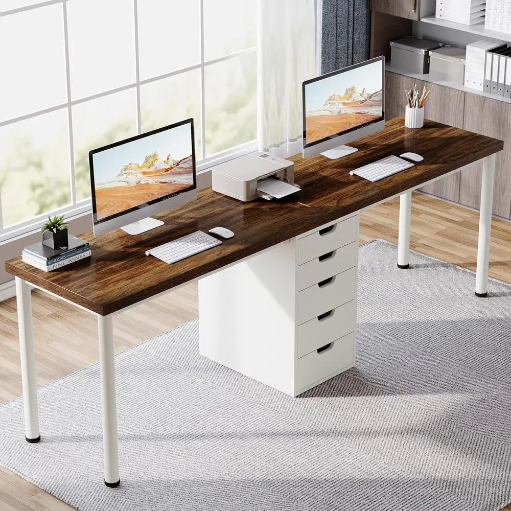 5 Drawers, 78.7 Long Double Office Desk, Modern Simple Double Computer Desk Study Writing Table Workstation for Home Office (Bro