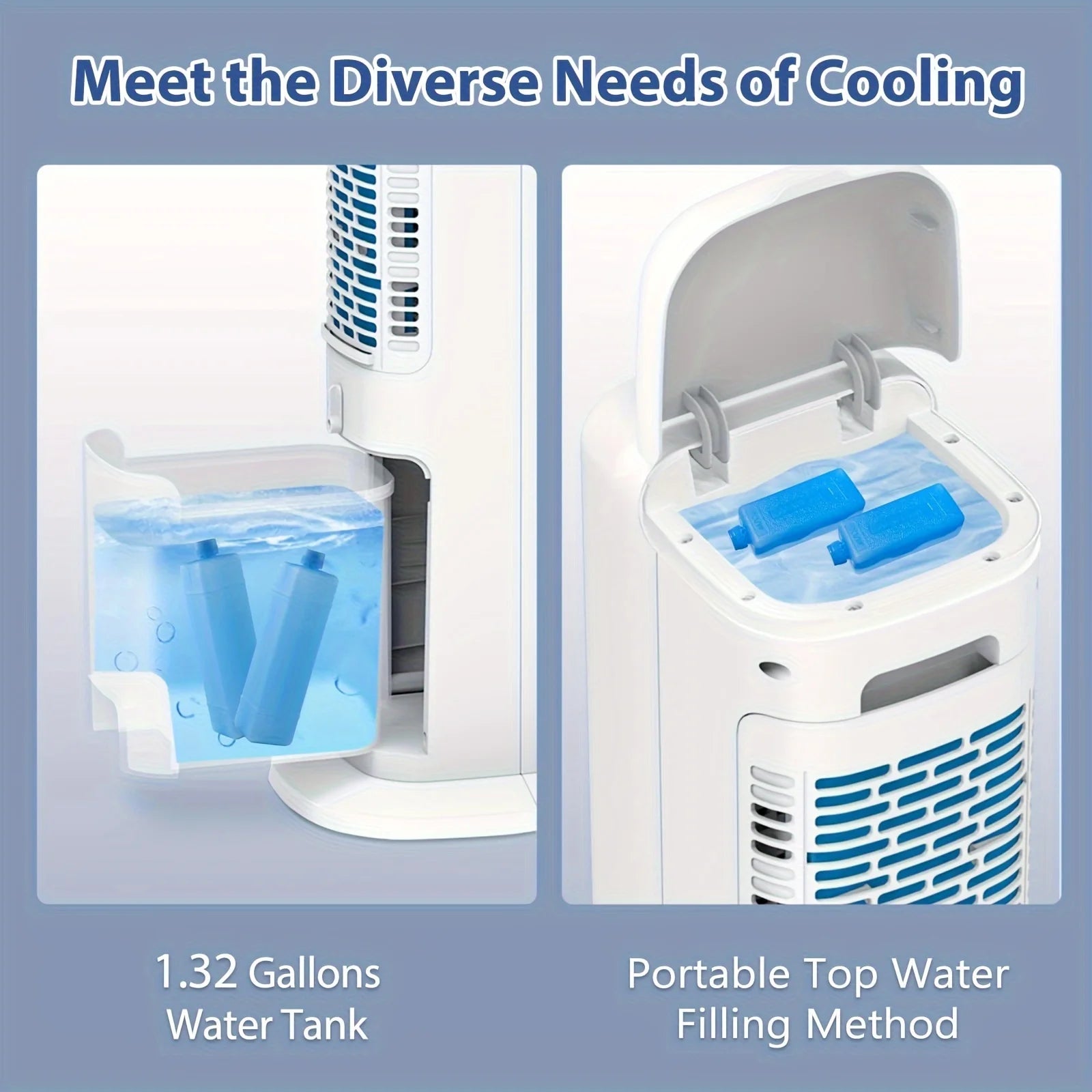 Portable Evaporative Cooler, Swamp Bladeless Tower Fan Air Conditioner with Ice Cooling And Humidification, 4 Ice Packs, 70 Degr