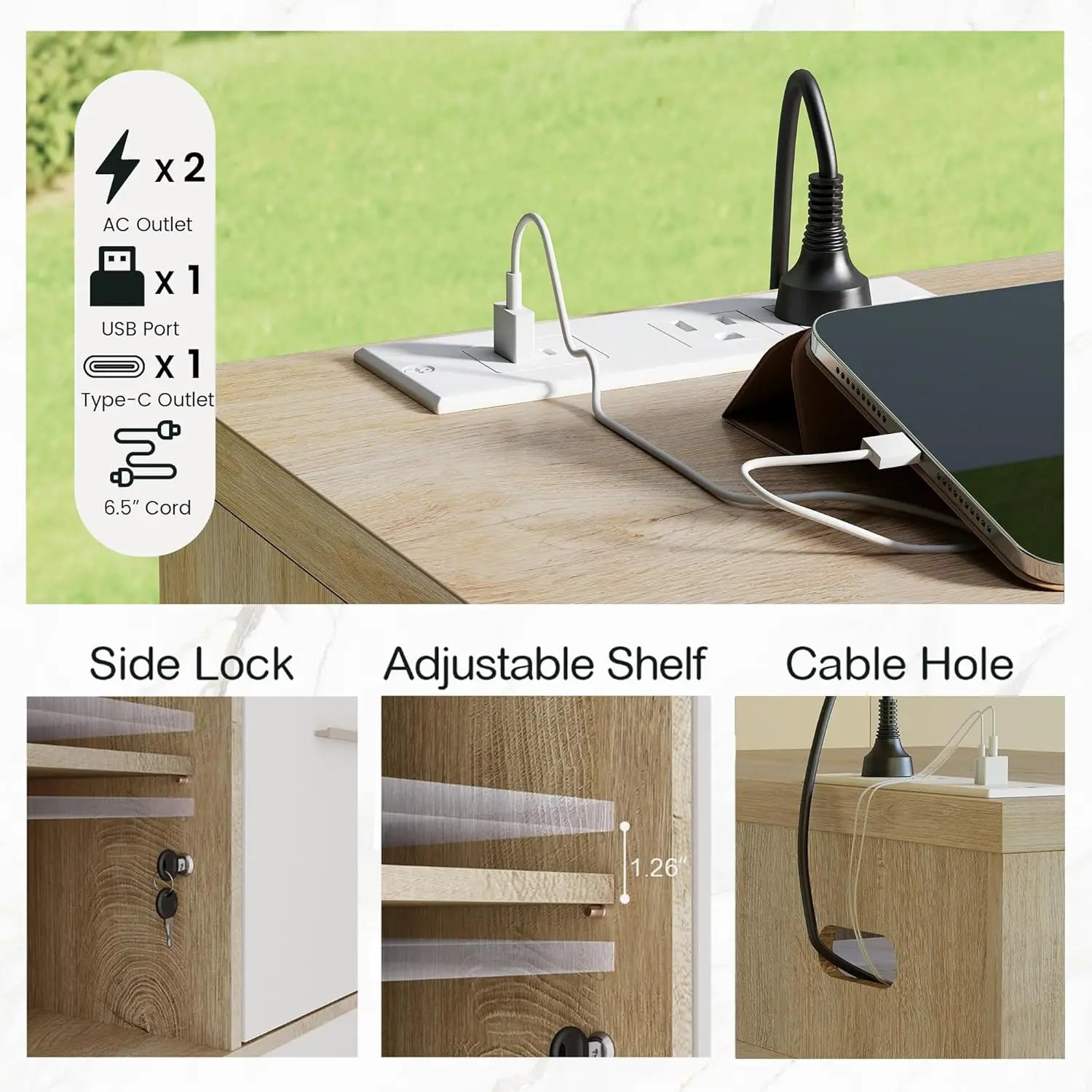 2 Drawer Wood File Cabinet, Filing Cabinet for Home Office with Lock, Power Outlets, Storage Shelves, Lateral File, Customized