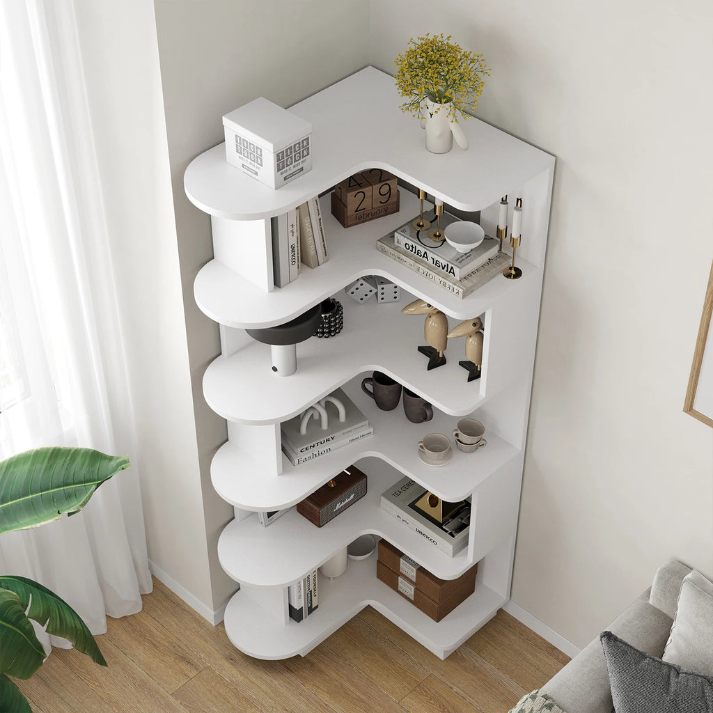 Farini Corner Bookshelf – White, Space-Saving Storage Shelf for Living Room & Home Office