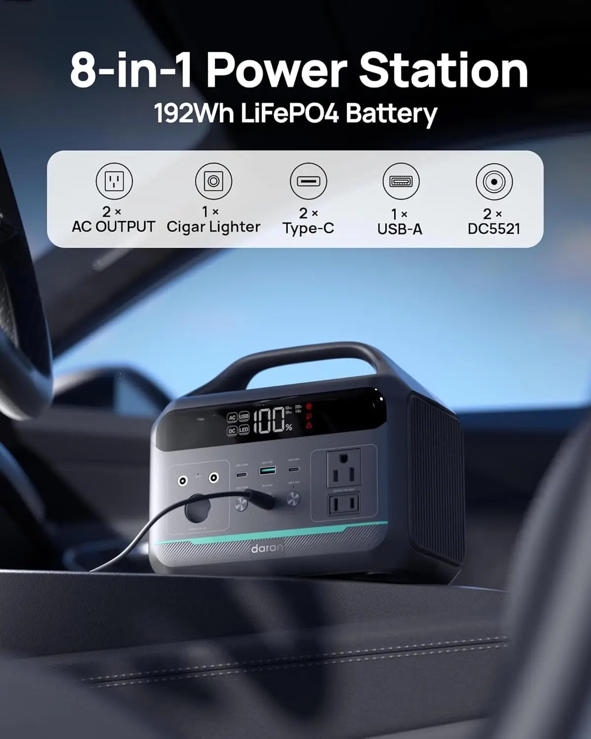 Portable Power Station 300W with LiFePO4 Battery, 192Wh Large Power Bank, 8-Ports Solar Generator Fast Charging for Camping,