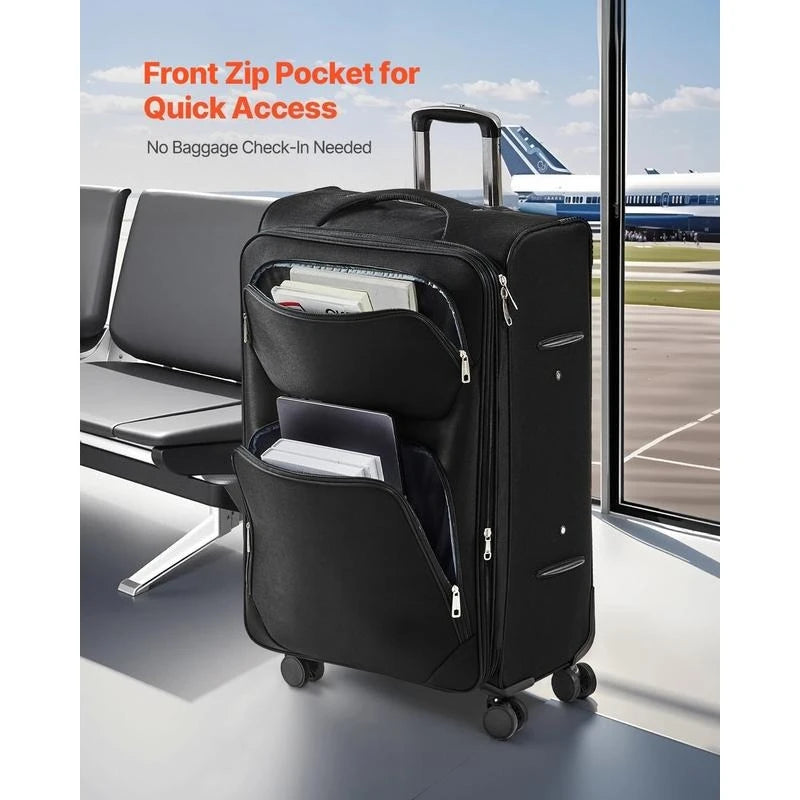 Softside Expandable Luggage with Spinner Wheels, 28-Inch Softside Checked Large Luggage, Lightweight Checked Suitcase with Expandable Zippered Pocket and TSA Lock, Black