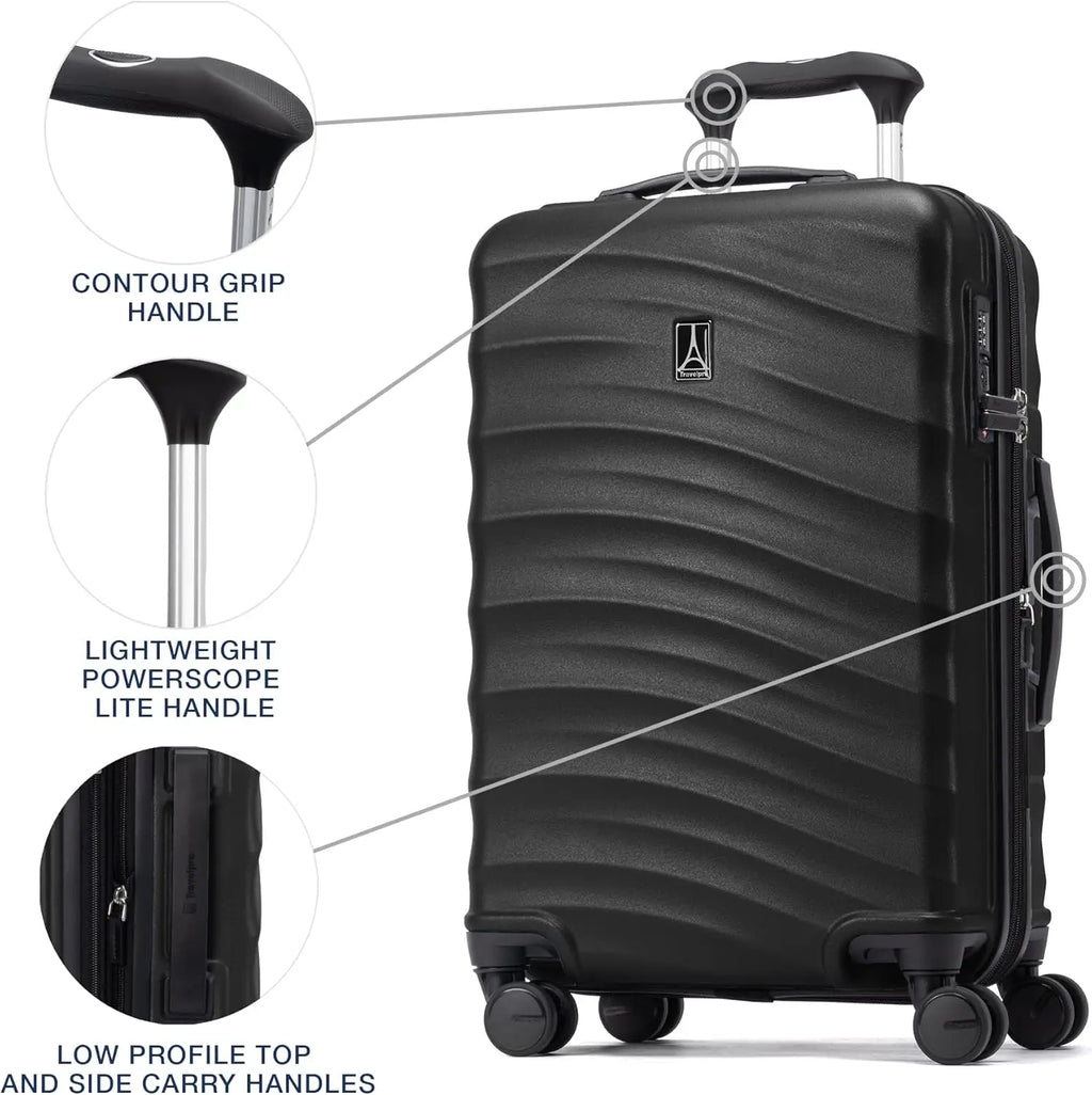 Lightweight Expandable Carry-On Luggage with 8 Spinner Wheels, TSA Lock, Black Hard Shell Suitcase, 20-Inch