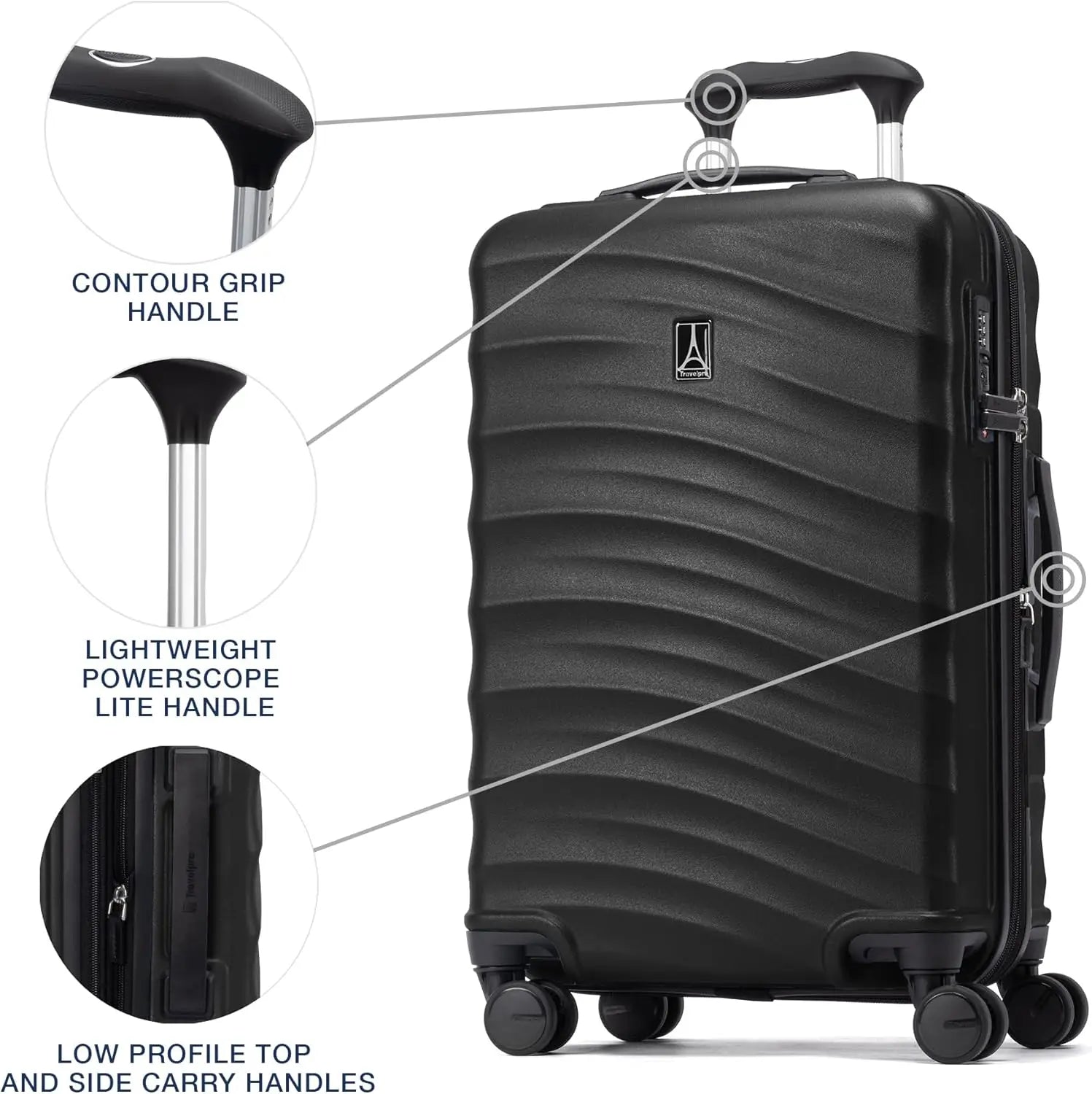 Lightweight Expandable Carry-On Luggage with 8 Spinner Wheels, TSA Lock, Black Hard Shell Suitcase, 20-Inch