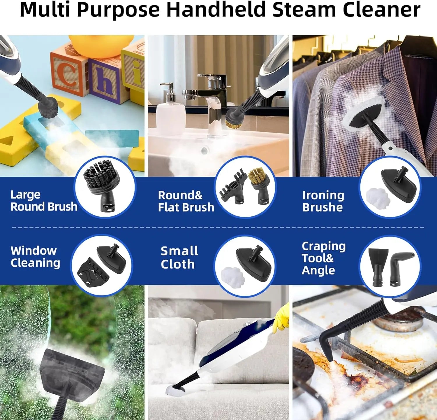 10-in-1 Steam Mop and Handheld Cleaner for All Floors with 11 Accessories, Blue