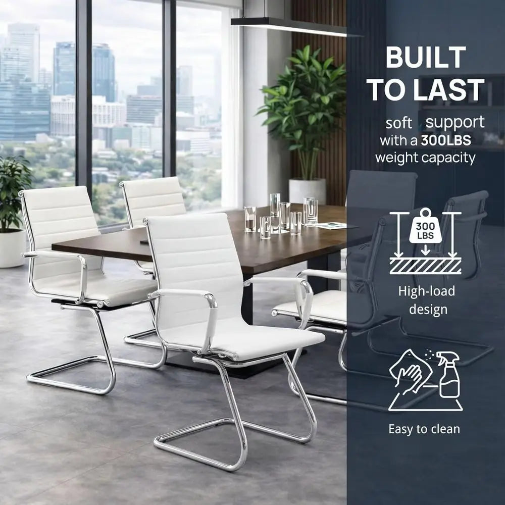 Set of 6 White PU Leather Office Chairs without Wheels for Computer, School, Conference, and Waiting Rooms