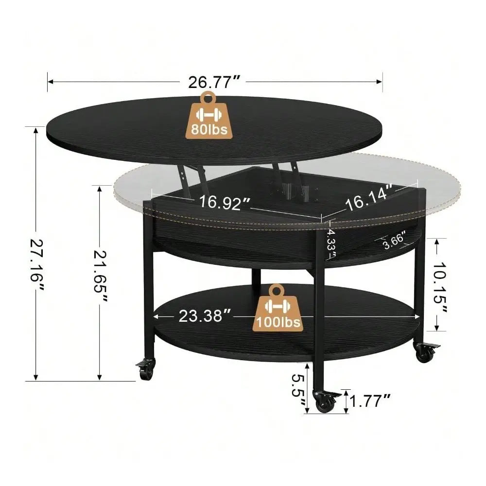 Desk, Round Lift Top Coffee Table With Wheels, Circle Center Table With Storage And Compartment, 26.77 Rolling Coffee Table Liv
