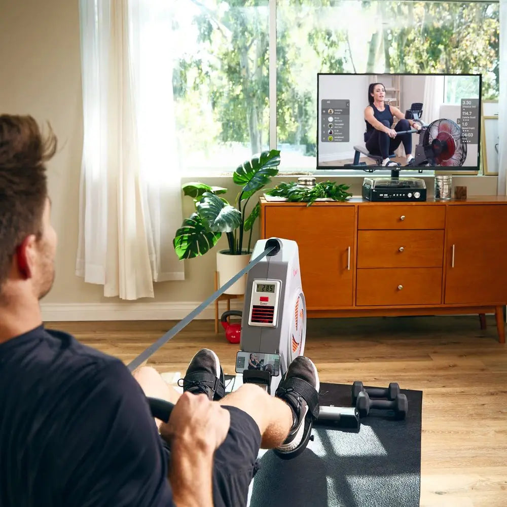 Air Rowing Machine, SpaceSaving Rower with Long Rail and right Storage for Home Gym, FullBody Cardio Workout, Free SunnyFit T