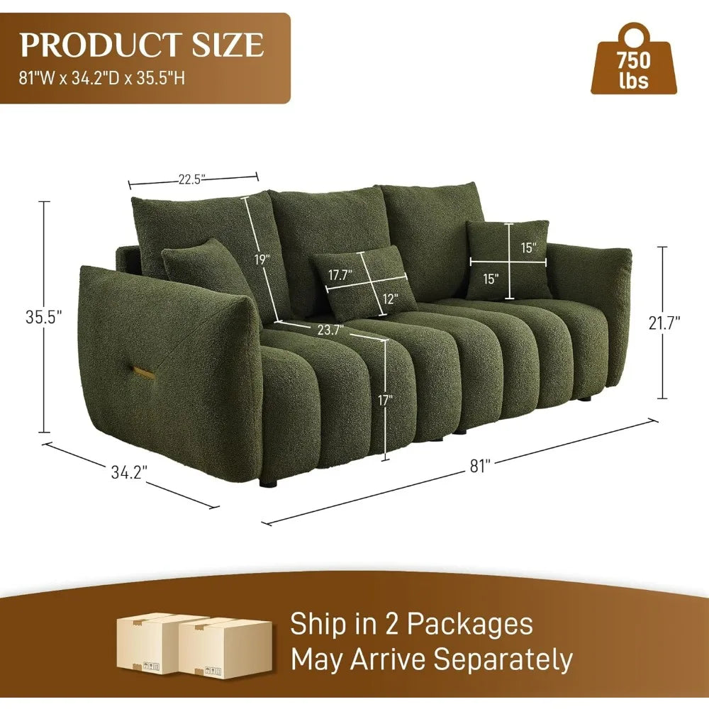 Teddy Cloud Sofa Couch, Comfy Upholstered Sherpa Deep Seat Boucle Sofa, Cozy Modern 3 Seater Couch with 3 Pillows, Oversized Lov