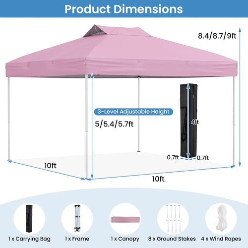10 X 10 FT 1-Person Setup Pop up Canopy Tent w/ 1-Push Center Lock Wind Ropes