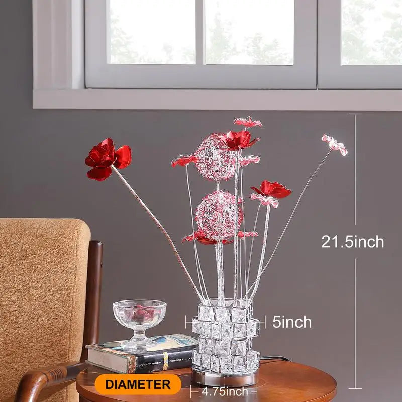 Red Roses 6 Petal Floral Table Lamp with Red/Silver Flower Bud in Modern Hexagonal Chrome Vase for Living Room or Bedroom, LED