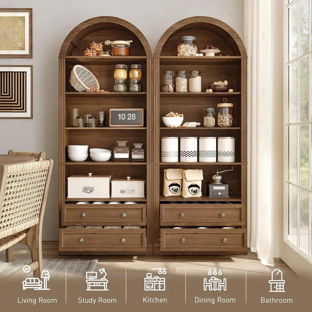 7-Tier Arched Bookshelf with Storage, Suitable for Home and Office, Walnut Finish
