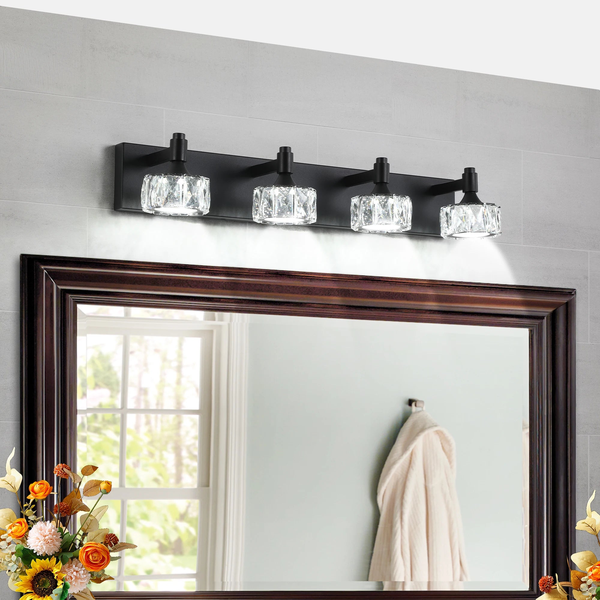 4-Light LED Vanity Light Modern Matte Black Fixture with Crystal Glass Shades, Bathroom Wall Sconce for  Contemporary Home Deco