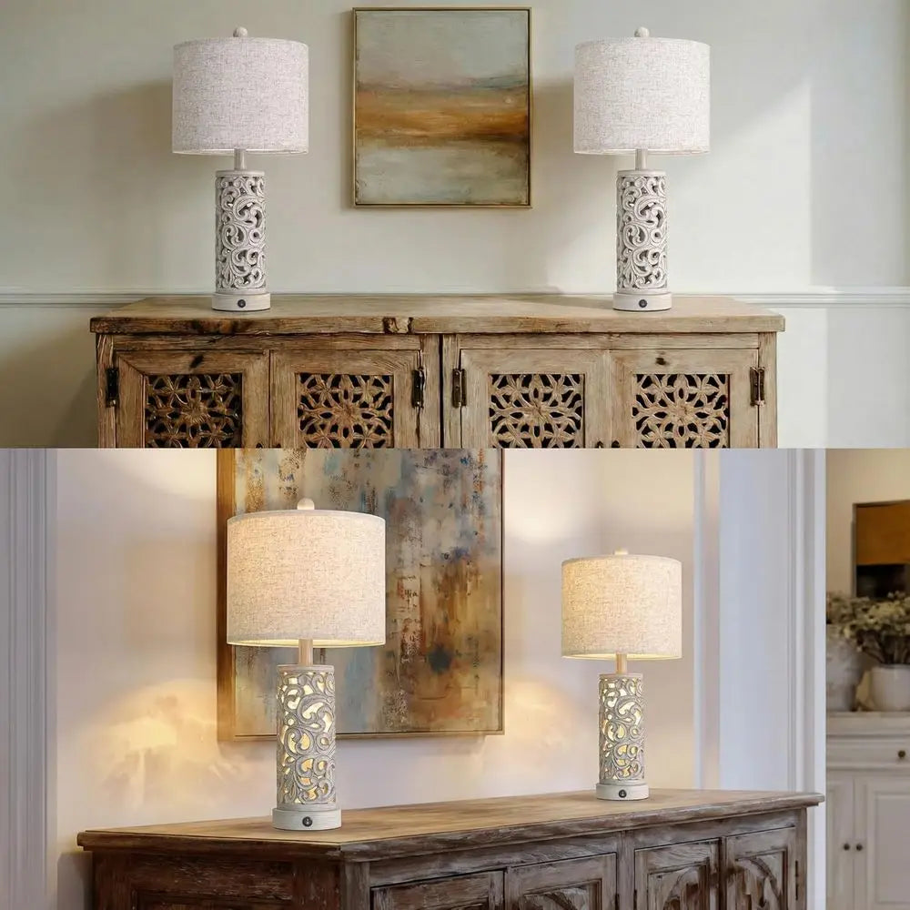 Vintage 2-Piece Table Lamp Set with USB and Night Light, 22 Arm, Bedroom and Living Room Lighting, Bulb Included