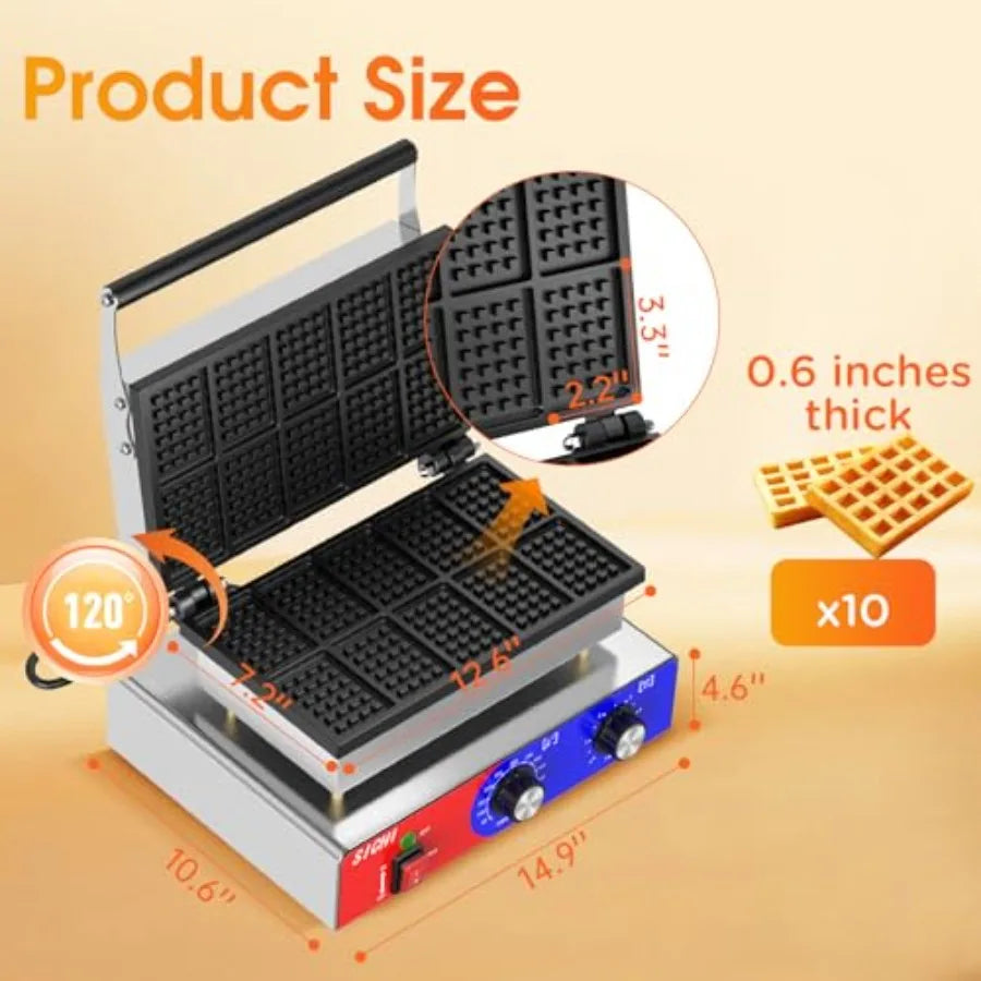 Commercial Square Waffle Maker with Stainless Steel Non-stick Pans 550 Temperature Control and Timer 1550W Double Baking Waffle