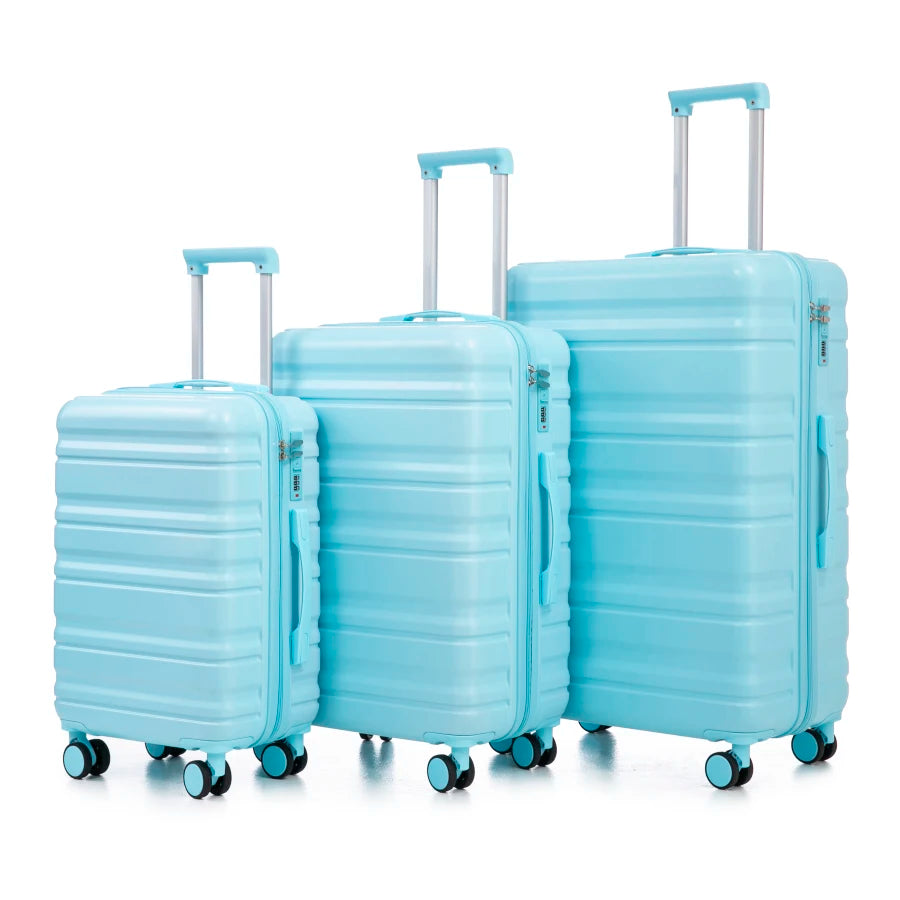Travel luggage set for tourists: 20/24/28 ABS spinner wheel suitcases with carry-on size, matching blue color, and combination
