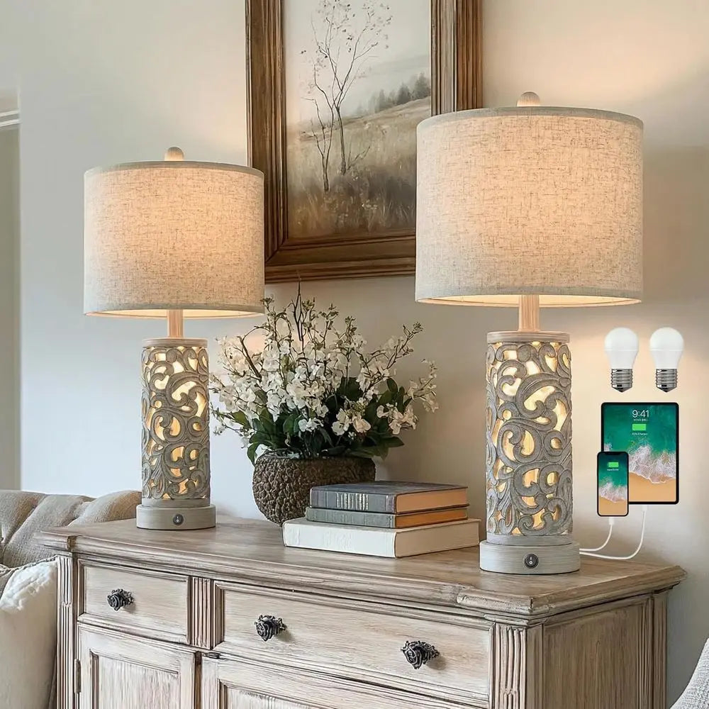 Vintage 2-Piece Table Lamp Set with USB and Night Light, 22 Arm, Bedroom and Living Room Lighting, Bulb Included