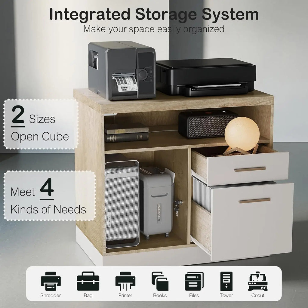 2 Drawer Wood File Cabinet, Filing Cabinet for Home Office with Lock, Power Outlets, Storage Shelves, Lateral File, Customized