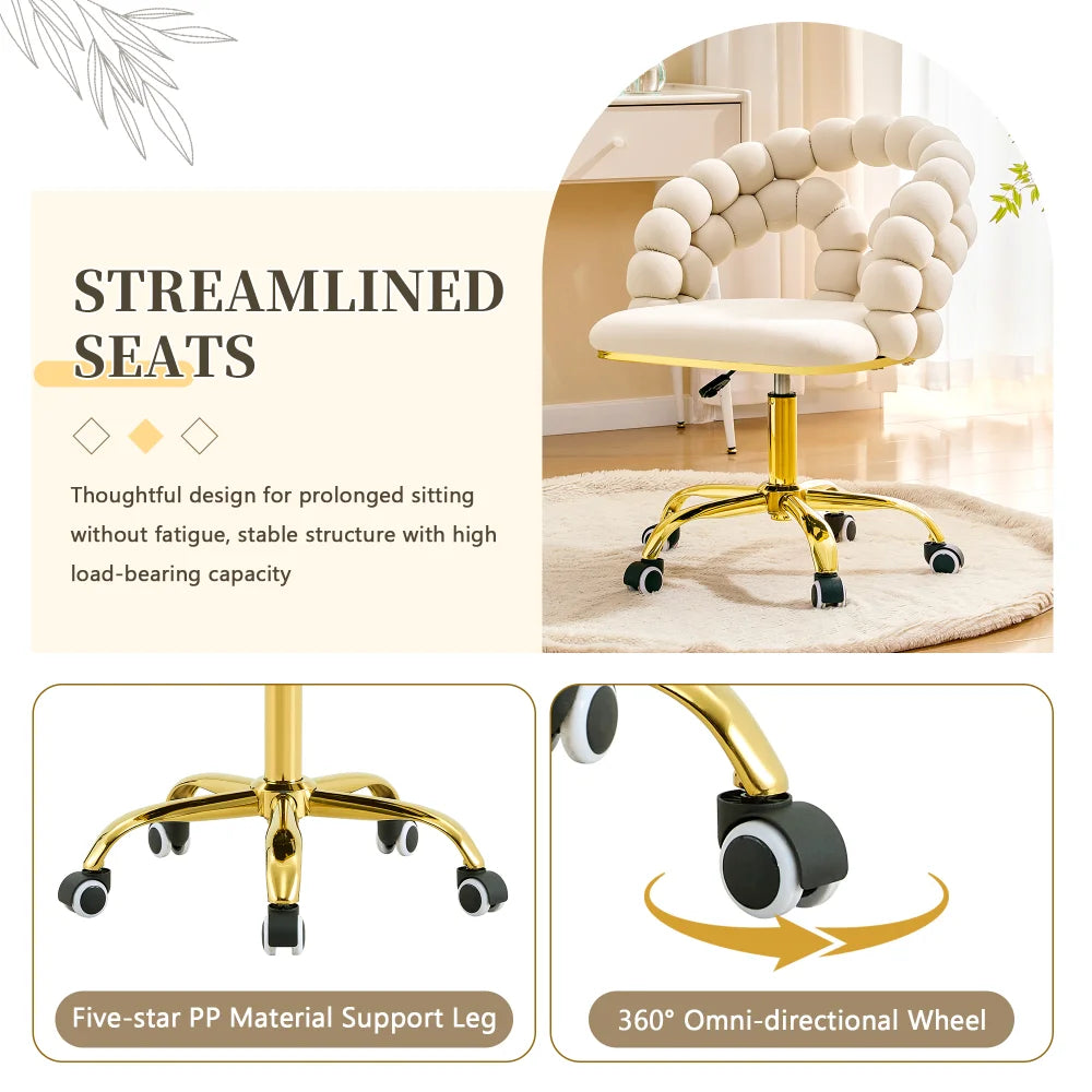 Modern Velvet Adjustable Swivel Desk Chair with Bubble Back, Upholstered Vanity Chair with Gold Metal Base, Rolling Office Chair