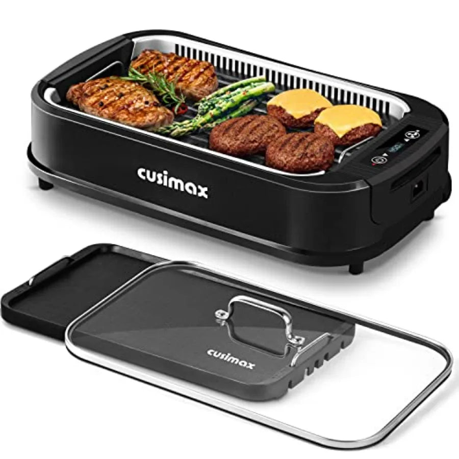 Indoor Grill Smokeless 1500W Electric Griddle for Korean BBQ with LED Smart Display Tempered Glass Lid Non-stick Removable Plat