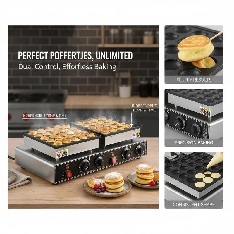 Mini Dutch Pancake Machine 50PCS For Kitchen Restaurant Dessert, Non-stick Dorayaki Baker 1800W Double Temperature Time Control Commercial Poffertjes Grill Pan 21.3x11.4x6.5 Inches Black Silver Professional Baking Equipment