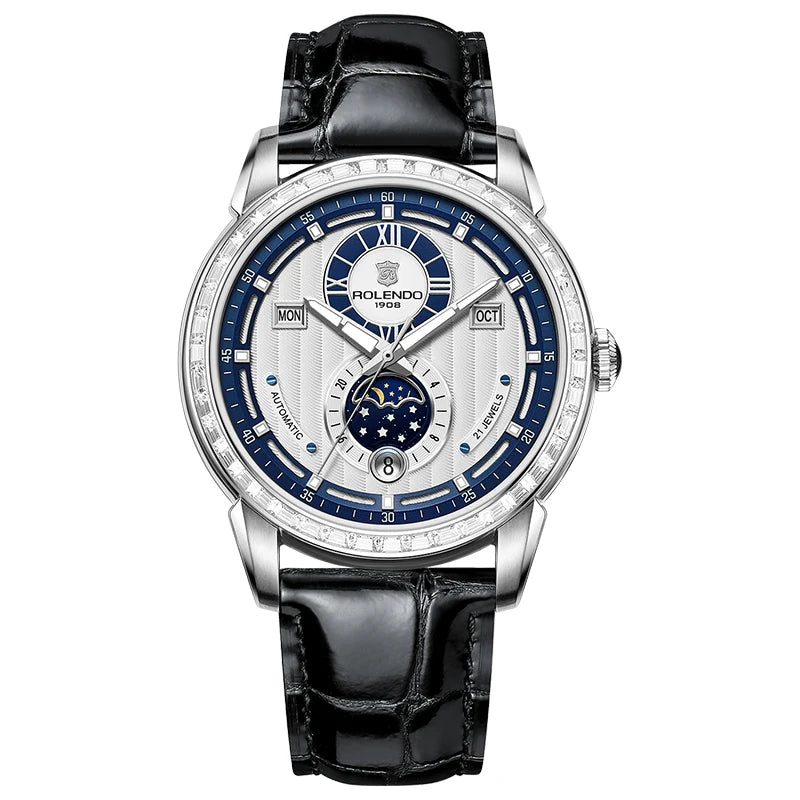 ROLENDO High-end Diamond-set Automatic Watch for Men 43mm Mineral Crystal Luminous Full Calendar Leather Strap 5ATM Luxury Gift