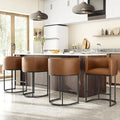 Set of 4 Counter Height Bar Stools with Backrest and Arms, Leather Upholstered, Walnut Brown