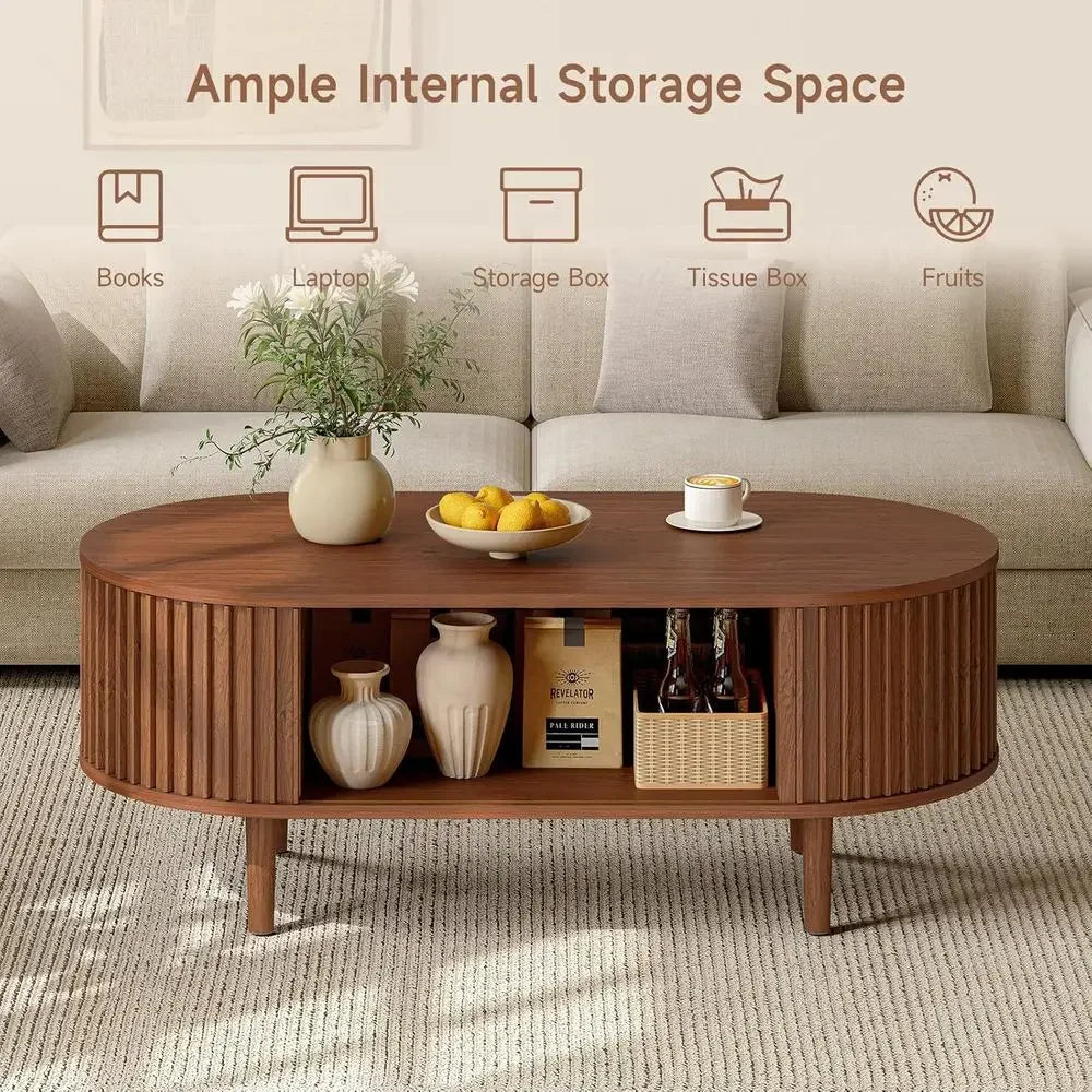 Mid-Century Modern Coffee Table with Storage, 43 Walnut Living Room Table for Small Spaces