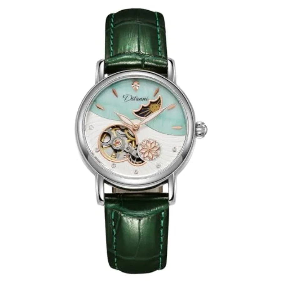 Womens Automatic Mechanical Stainless Steel Moonphase Watches Leather Strap Self-Winding Pearl Skeleton dial Waterproof Ladies