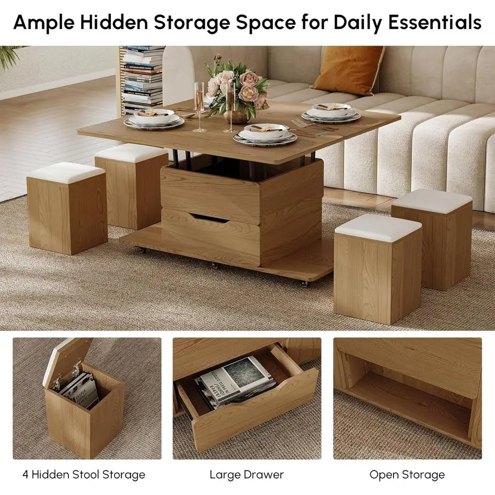 Natural Wood Coffee Table with Hidden Storage, 3-in-1 Multifunctional Center Table with 4 Stools and Wheels