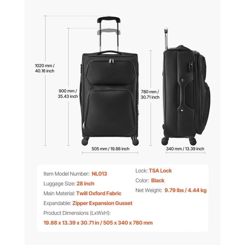 Softside Expandable Luggage with Spinner Wheels, 28-Inch Softside Checked Large Luggage, Lightweight Checked Suitcase with Expandable Zippered Pocket and TSA Lock, Black