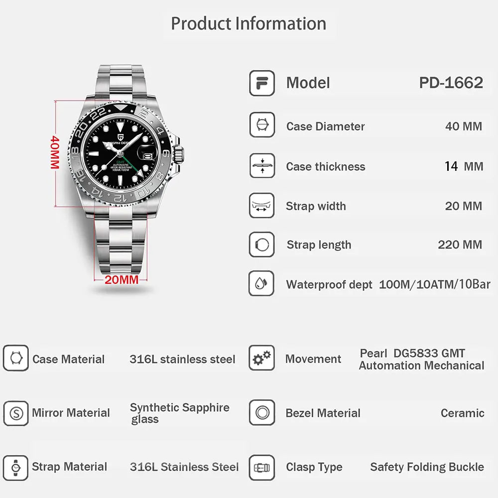 PAGANI DESIGN 40MM GMT Automatic Watch Men's Mechanical Wristwatch Sapphire Glass 100m Waterproof Man Watches Relogio Masculino
