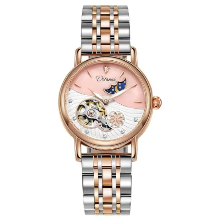 Womens Automatic Mechanical Stainless Steel Moonphase Watches Leather Strap Self-Winding Pearl Skeleton dial Waterproof Ladies