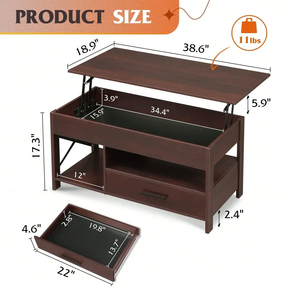 Table, 39 Lift Top Coffee Table With Hidden Compartment, Storage Drawers And Storage Shelf For Living Room, Reception Room, Esp