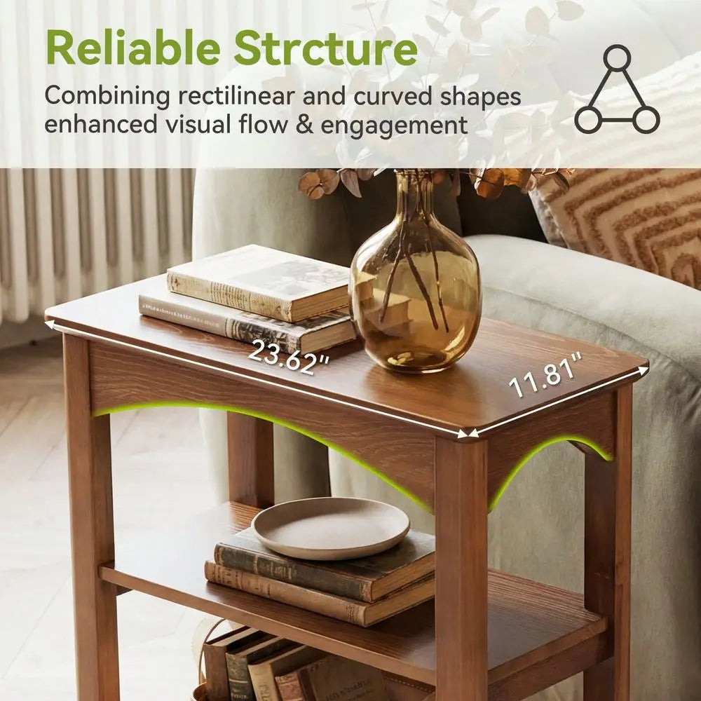 3Tier Solid Wood Accent Table, Narrow Side Table With Storage For Small Spaces, Slim End Table For Living Room Bedroom