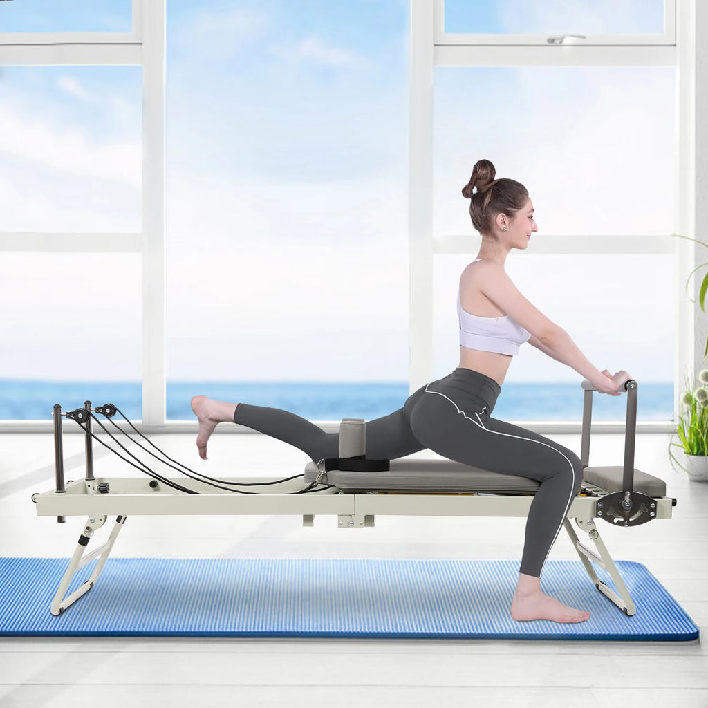 Foldable Pilates Reformer Machine,  Pilates Exercise Equipment，Stylish Gray Multifunctional Yoga and Fitness Bed