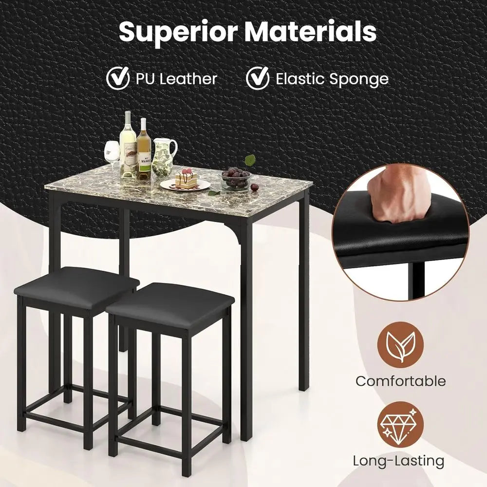 3-Piece Marble-Top Dining Set with 2 Chairs, Modern for Home or Hotel Dining