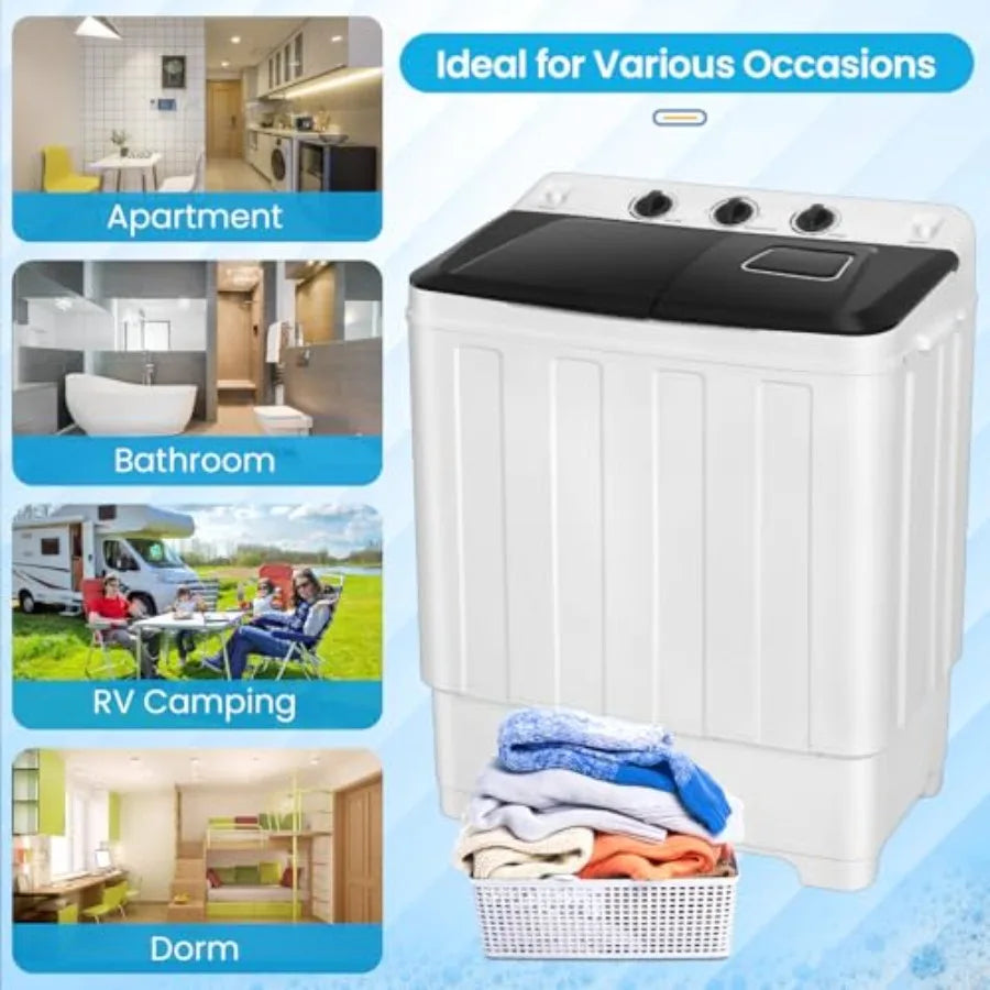 Portable 30Lbs Twin Tub Washing Machine Washer and Dryer Combo Compact Laundry Machine with Drain Pump Time Control Semi-Automa