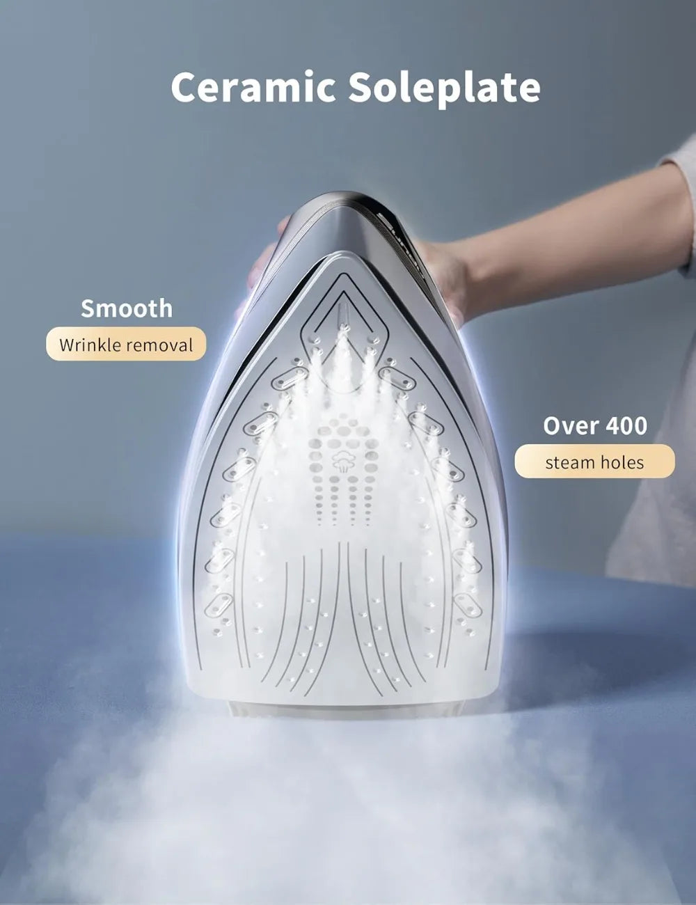 1500W Steam Iron for Clothes, Rapid Heating Ceramic Soleplate, Precise Thermostat Dial, Self-Cleaning, Auto-Off, 44oz Tank
