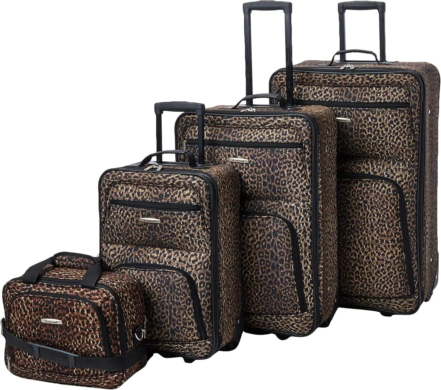 Leopard Print 4-Piece Softside Luggage Set with Aluminum Handle, Sizes 14/19/24/28 Inches for Travel