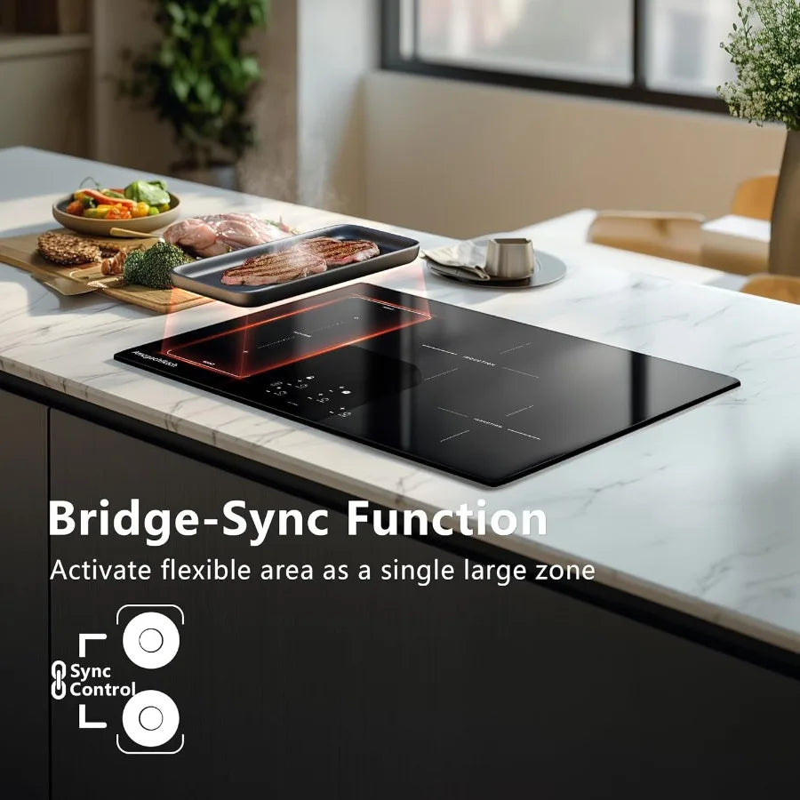 30 Inch Induction Cooktop - 4 Burner Built-In Electric Stove with Bridge-SYNC Booster Timer Child Lock 9000W 220-240V Hardwired